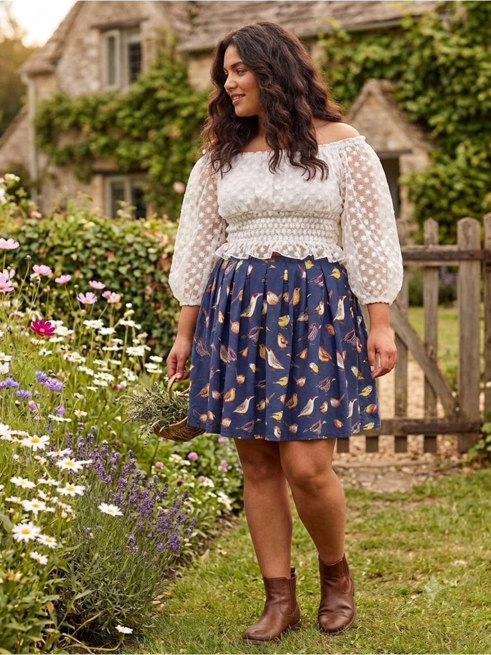Vintage Grace Karin Navy Blue Whimsical Bird-Print Skirt. Cottagecore, Boho